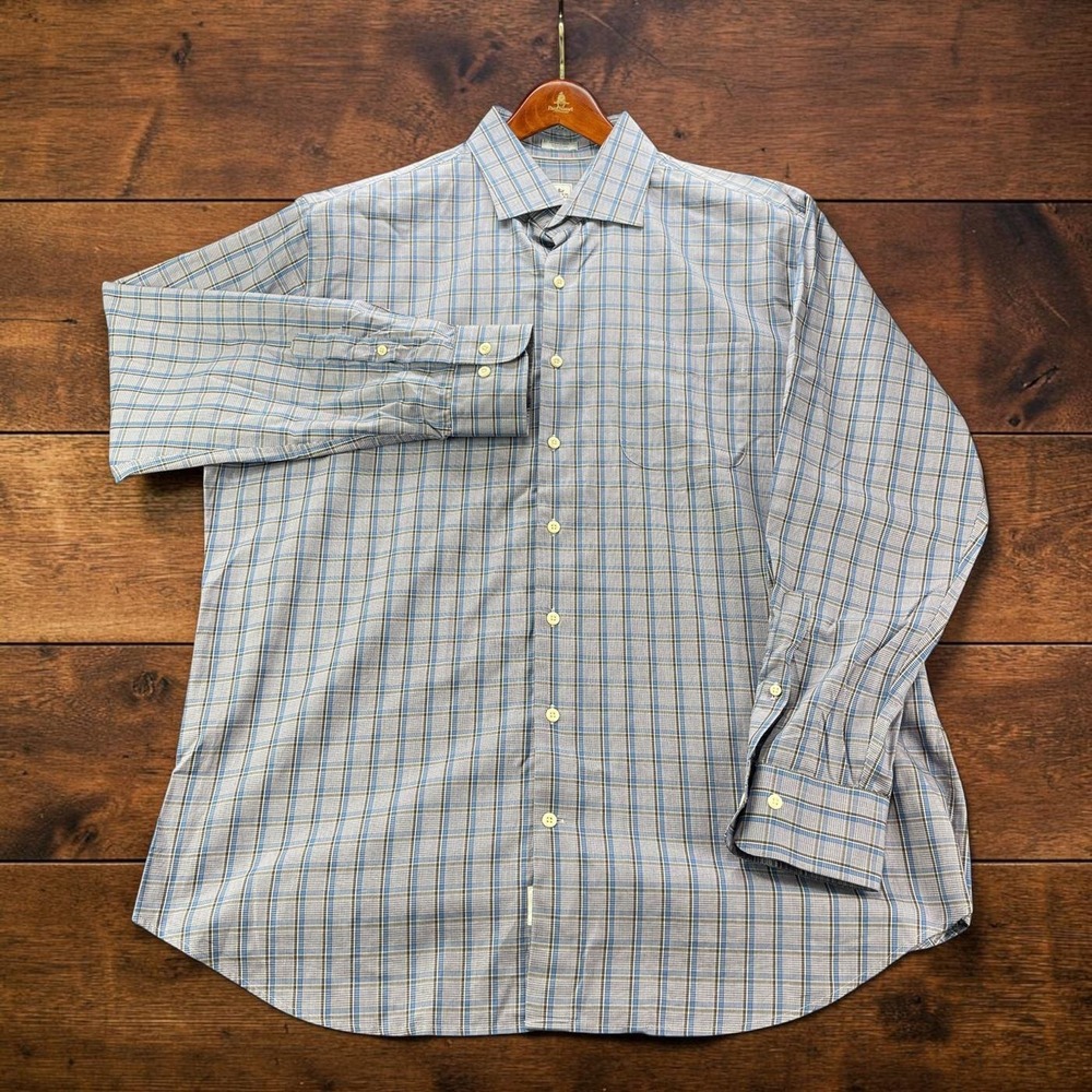 Peter Millar Mens XL Blue Brown Glen Plaid Button Up Shirt 100% Cotton